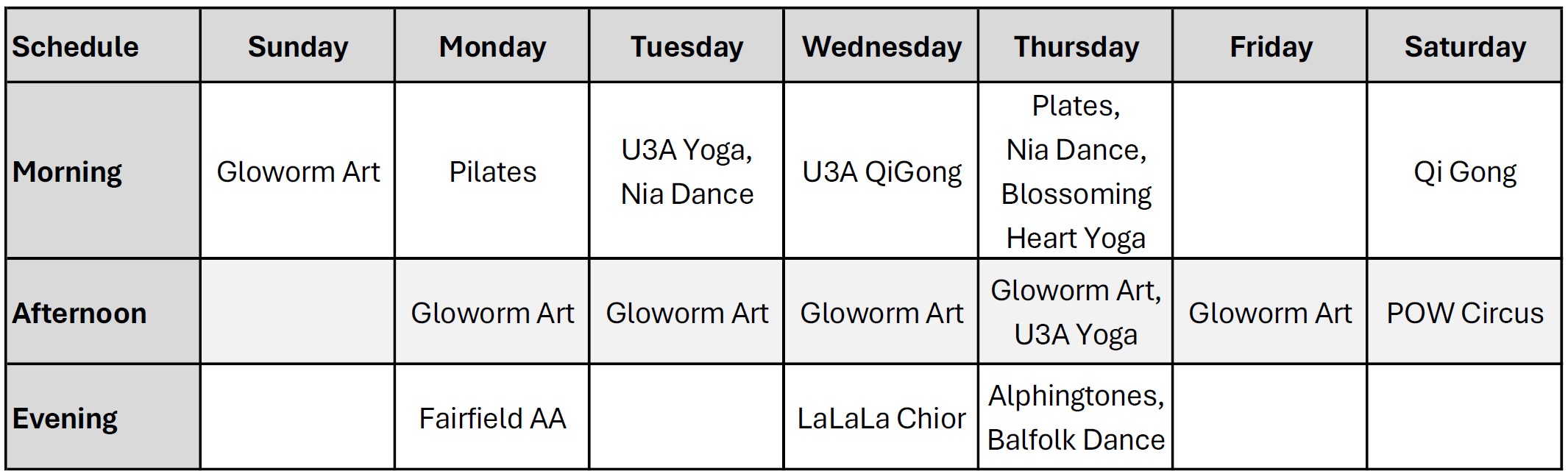 Corcle schedule